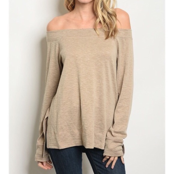 Mocha brown off shoulder long sleeve knit top Small S Medium M - Picture 2 of 5